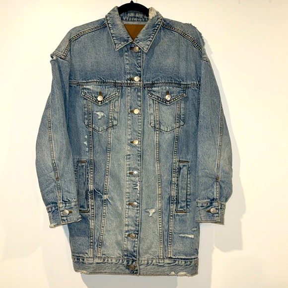 American Eagle Outfitters Long Jean Jacket Small Blue Destroyed Destructed Rips - Picture 1 of 10
